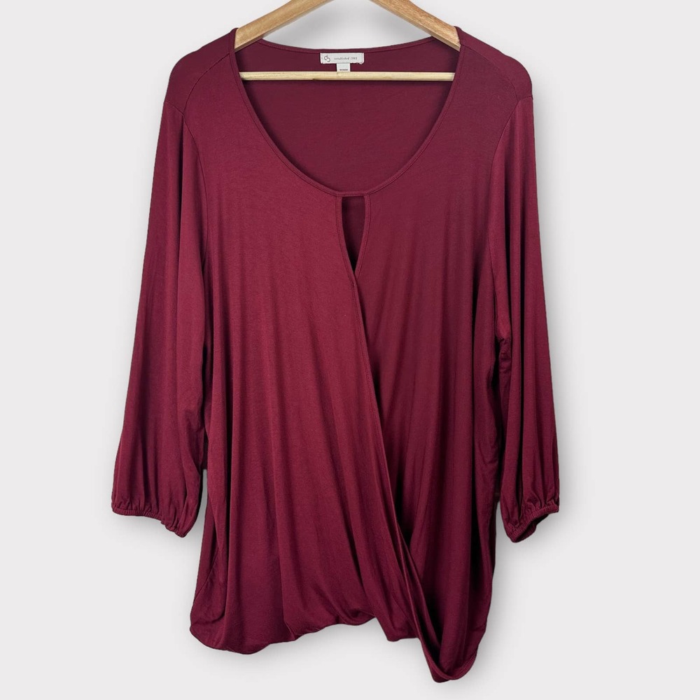 db established 1962 Blouse Scoop Neck Slit Draped Long Sleeve Red 1X